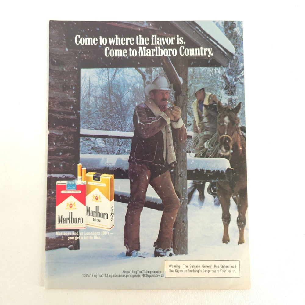 1980 Marlboro Country Print Ad Cowboy Horse Snow Western Vintage Wall Art Decor